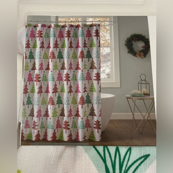 Tis the Season Shower curtain with hooks Multi colored Trees - Picture 2 of 7